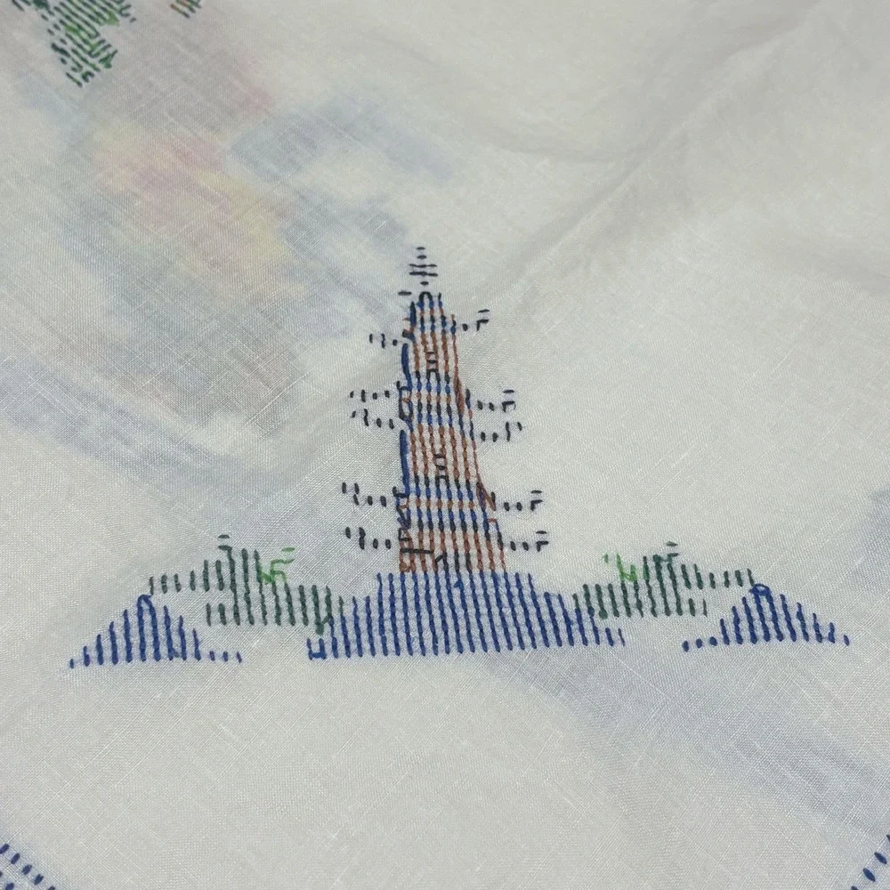 VTG Square Linen Tablecloth 48x48 Cross Stitch Embroidered White Pagoda Asian